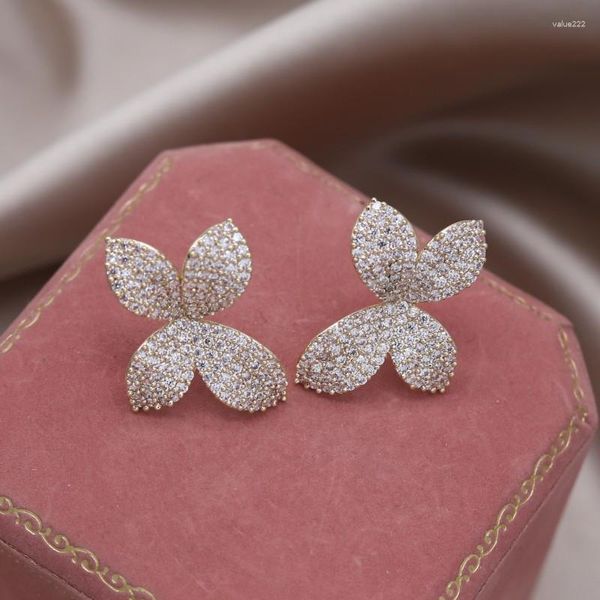 Brincos de garanhão 2023 design coreano moda jóias 14k banhado a ouro luxo folha flor cheia zircão elegante festa de casamento feminino