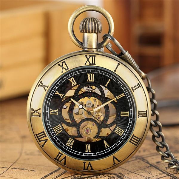 Steampunk Vintage Silber Schwarz Bronze Farbe Taschenuhr Römisches Zahlengehäuse Handaufzug Mechanische Uhren für Männer Frauen mit Anhänger 343O