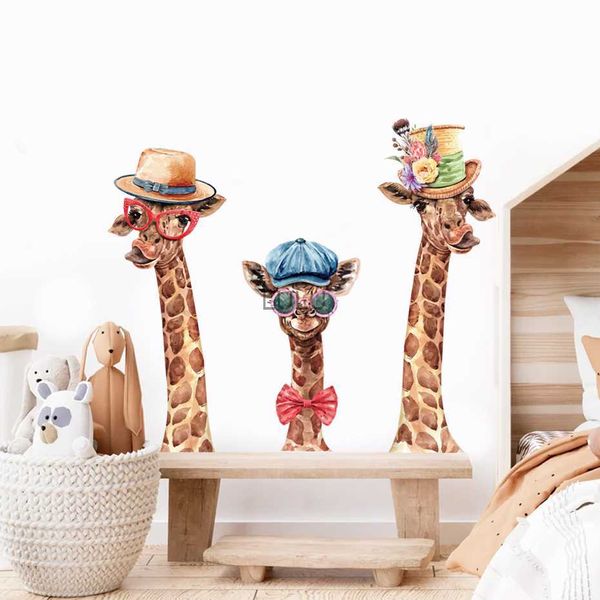 Desenhos animados bonito girafa animal chapéu aquarela adesivo de parede berçário decalques de parede casca e vara papel de parede crianças quarto decoração de casa presentes hkd230825 hkd230825
