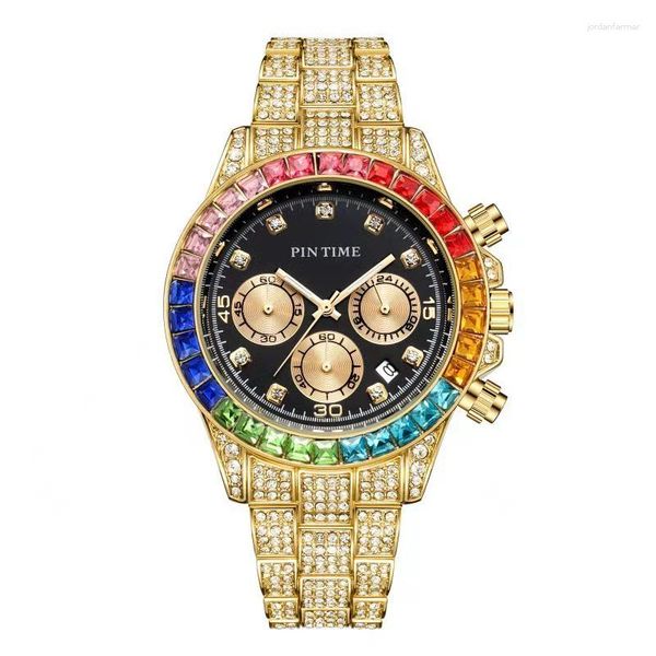 Relógios de pulso Pintime relógio para homens à prova d'água 30m moda hip hop gelado colorido diamante quartzo relógio de pulso luminoso relógio de luxo relogios