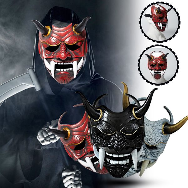 Máscaras de festa Halloween Masquerade Red Prajna Máscara Cospiay Noh Japonês Látex Full Face Grimace Fangs Engraçado Assustador Fantasma Deus Feiticeiro Headwear 230824