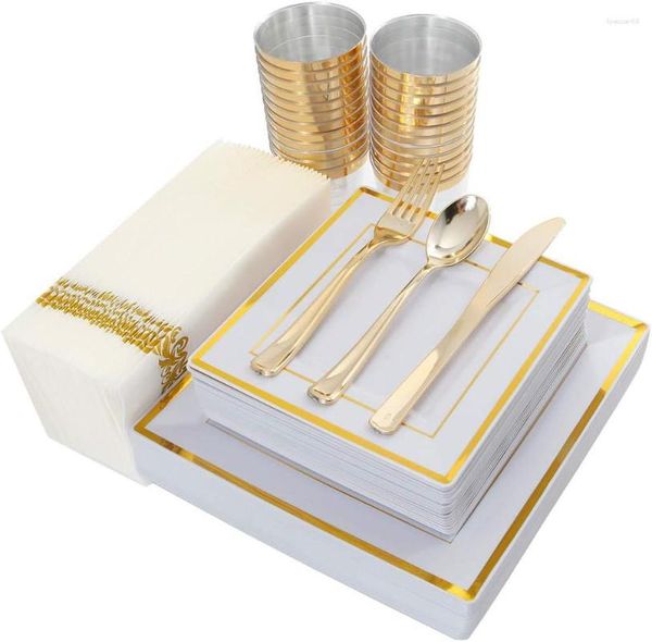 Set Piatti 25Guest Set Oro 175 Pezzi Piatti Quadrati Plastica 25 Bicchieri Posate Tovaglioli Carta