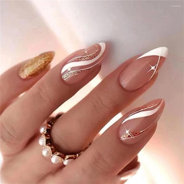 Unghie finte Punte per unghie finte alla mandorla alla moda con disegni in oro bianco Set glitter francese Stampa su manicure fai da te