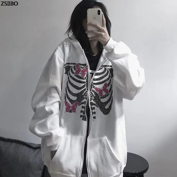 Hoodies femininos jaqueta inverno rua impressão crânio vintage topos oversized hoodie zip sweatshirts kawaii borboleta y2k blusa grunge casacos