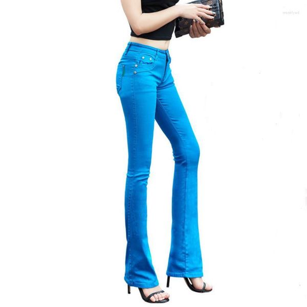 Calças femininas Botão Mulheres Jeans Doces Cores Chifre para Alta Elastic Skinny Stretch Formal Office Work