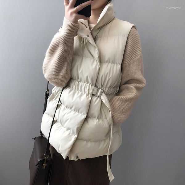 Damenwesten 2023 Herbst Frauen Weiße Ente Daunenweste Koreanischer Winter Lose Weste Weiblicher Bindegürtel Reißverschlussjacke Ärmellos Outwear