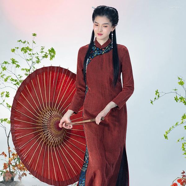 Etnik Giysiler Solda Bir Hayat Kadın Gamiered Guangdong Gazlı Gamza Geliştirilmiş Cheongsam Uzun Kollu Nakış Geleneksel Çin İpek Elbise