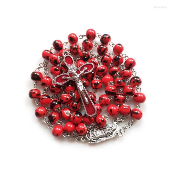 Pingente colares esmalte cruz rosário vermelho contas de vidro colar de oração para mulheres homens jóias longas