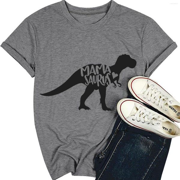 T-shirt da donna Top in cotone T-shirt casual da donna MAMA SAURUS Day Round stampato Top camicetta collo camicette con stampa mucca della madre per