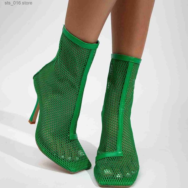 Botas xibeilove 2023 nova moda feminina botas de tornozelo sexy quadrado cabeça malha zíper verde salto alto respirável festa bola sapatos t230824