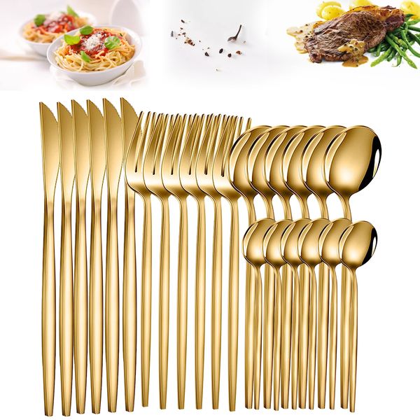 Pratos Pratos 24 pcs Conjunto de Louça de Ouro Aço Inoxidável Talheres Faca Garfo Colher Talheres Talheres Chá 230825