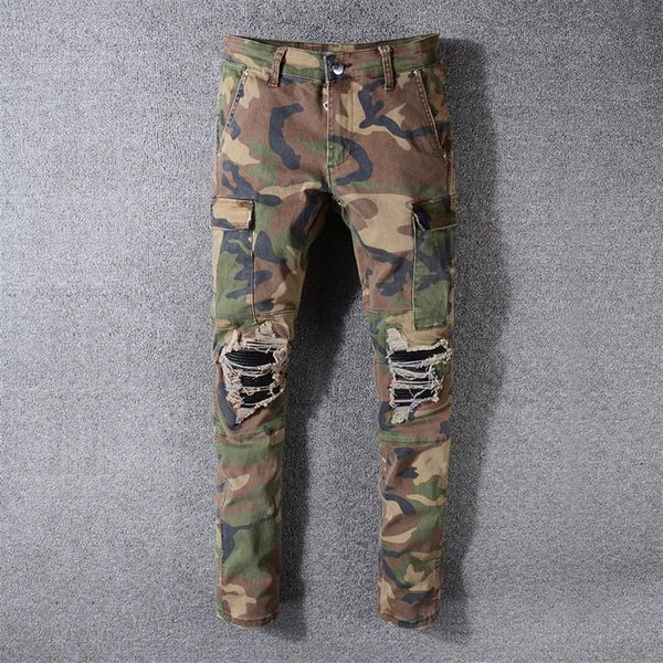 Americano Streetwear Moda Uomo Jeans Camouflage Militare Tasca grande Denim Cargo Pantaloni Strappati Slim Fit Hip Hop Jean2983