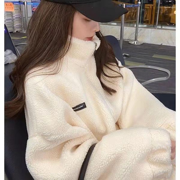 Giubbotti da donna Colletto alla coreana Particelle Imitazione Lana di agnello Cappotto spesso 2023 Autunno Inverno Moda allentata Bianco Cerniera calda