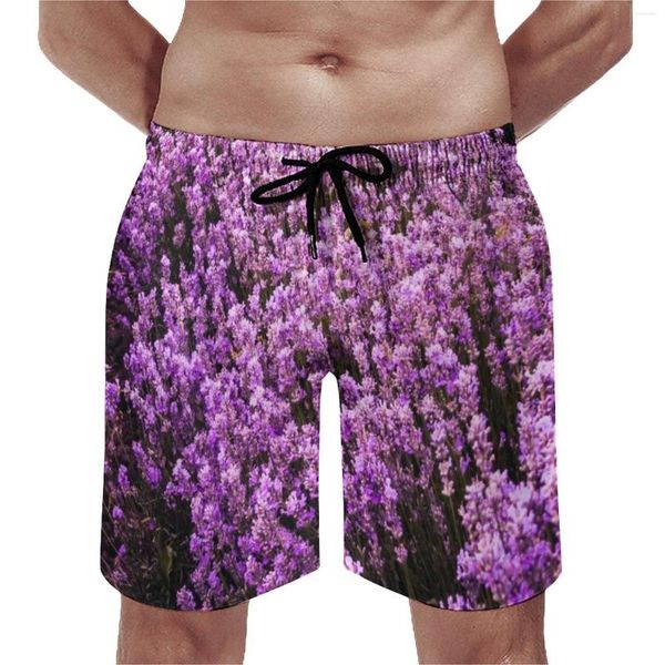 Pantaloncini da uomo Board Pretty Lavender Field Costume da bagno retrò viola Stampa floreale da uomo Comodo surf da spiaggia oversize