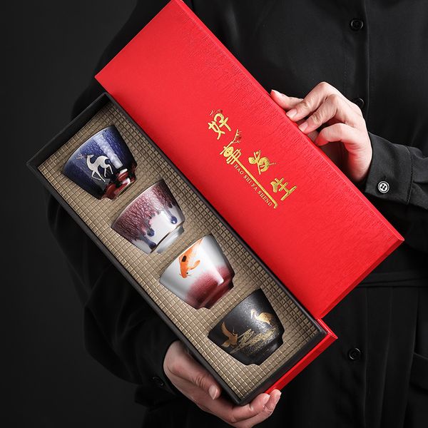 Teetassen im japanischen Stil, handgefertigt, ofengebackene Keramiktasse, 4-teiliges Set, Master Personal, große Teetasse, Geschenkbox, Teetassen 230824