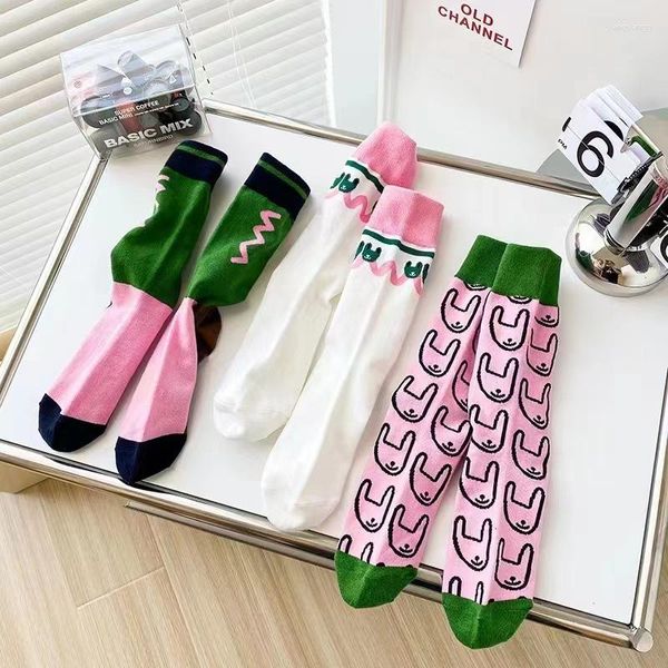 Mulheres meias dos desenhos animados kawaii design algodão meia mulher rosa verde longo senhora primavera outono casual esportes macios bonito