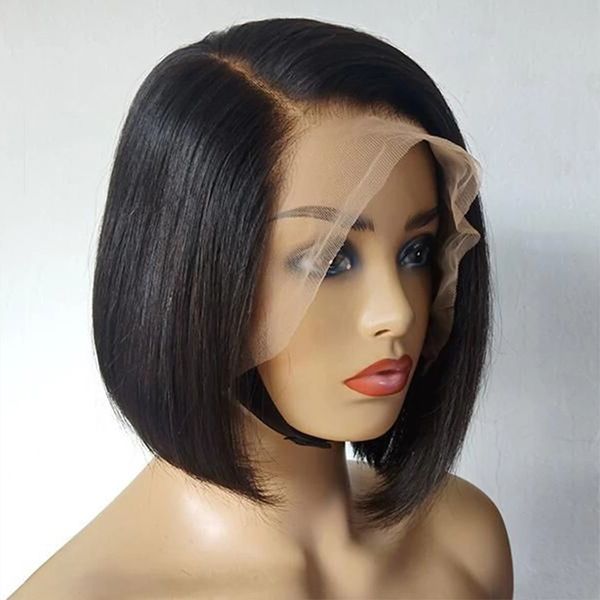 13x1 parte lateral bob perucas de cabelo humano em linha reta para preto feminino brasileiro pré-arrancado parte peruca de renda curto bob peruca 8-16 Polegada