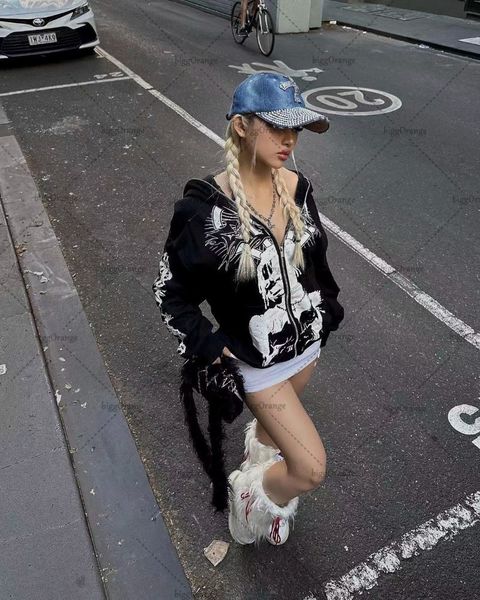 Felpe con cappuccio da donna Felpe con cappuccio Trend gotico Demone Felpa con cappuccio oversize da donna Y2K Streetwear Hip Hop Harajuku Giacca con cappuccio con zip allentata Capispalla Uomo 230825