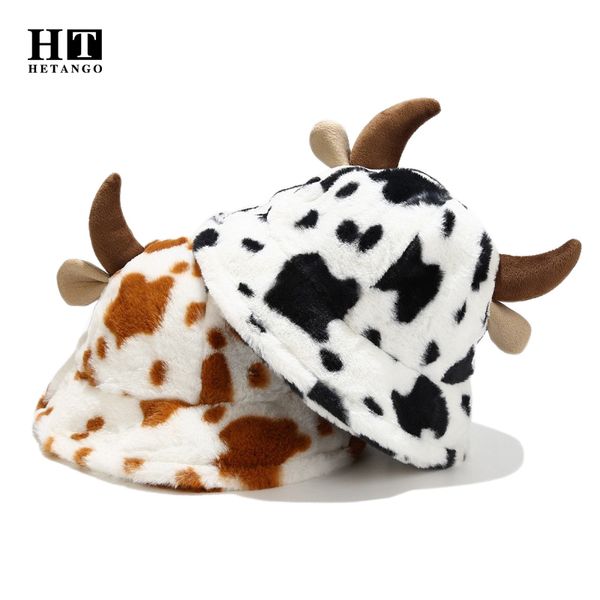 Cappelli a tesa larga Secchiello Autunno Inverno Simpatico corno Cappello da pescatore Donna Moda Tutti i fiammiferi Modello di mucca da latte Stampa Peluche Spessa Bacino caldo all'aperto 230824