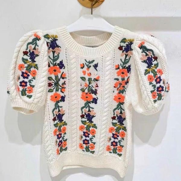Suéter feminino primavera verão 2023, roupa de rua feminina, gola redonda, flores bordadas, manga bufante, roupas casuais, suéter de malha
