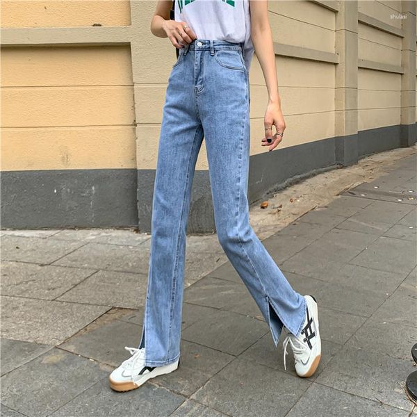 Jeans da donna N6353 Pantaloni larghi a gamba larga con spacco stile coreano Lavare il pavimento All-match Gamba dritta Sottile a vita alta