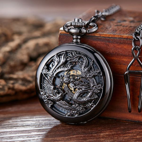 Карманные часы винтажные черные механические карманные часы Mens Lucky Phoenix и Dragon Skeleton Pocket Watch Antique Римские цифры 230825