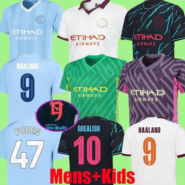 23 24 Haaland Soccer Jerseys Grealish Sterling Mans Cities Cities Mahrez Fans Version De Bruyne Foden 2023 2024 Football Tops Рубашка детская униформа юноша для мальчиков молодежь