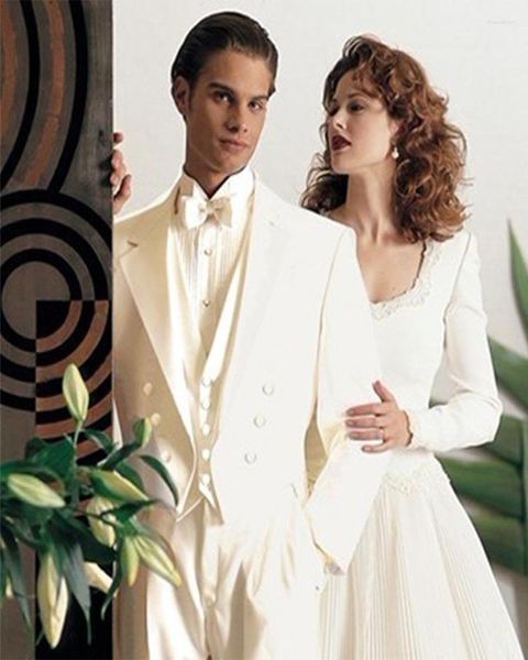 Ternos masculinos entalhados lapela marfim blazer calças vestido de casamento jantar festa wear smoking conjuntos de negócios 3 pçs jaqueta calças colete gravata