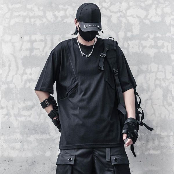 Мужские футболки Techwear Techwear Tactical Tactical Mens Patchwork Design Функциональная футболка 2023 Летняя уличная одежда Harajuku Black Tees Tops