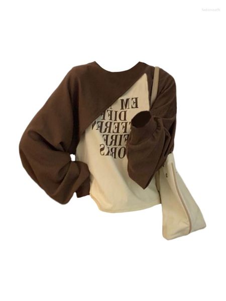 Felpe con cappuccio da donna Autunno Donna Due pezzi Set Pullover Design Felpe con colori a contrasto Stampa O-Collo Manica corta T-shirt Mantello lungo