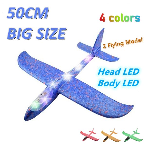 Aeronave Modle 50cm Grande Avião de Espuma Voando Brinquedo Planador com Luz LED Mão Lance Avião Ao Ar Livre Modelo de Jogo Brinquedos para Crianças Meninos Presente 230825