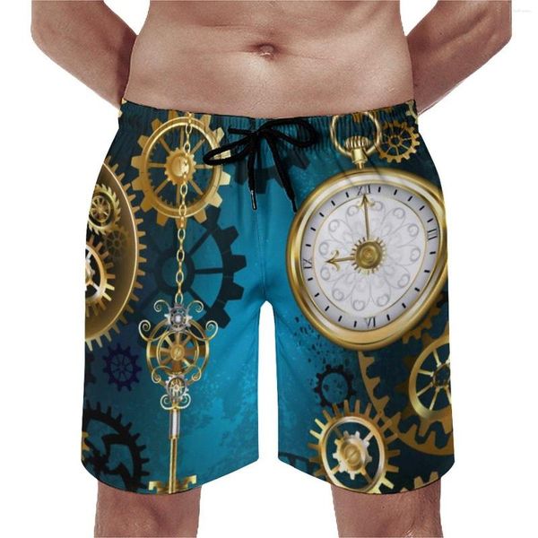 Shorts masculinos steampun turquesa engrenagens placa vintage steam punk antigo retro praia calças curtas design esportes fitness troncos de natação