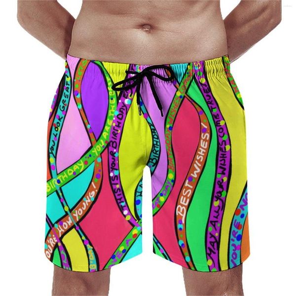 Shorts masculinos placa de aniversário palavra arte moda troncos de natação festa colorida secagem rápida esportes fitness qualidade tamanho grande praia
