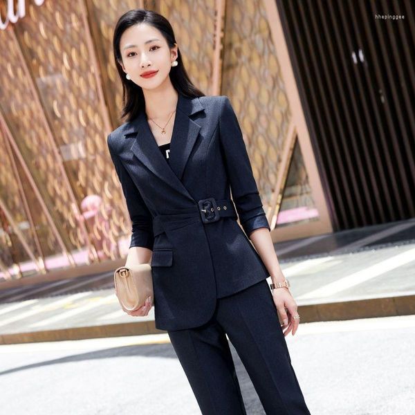 Calças femininas de duas peças Mulheres Terno Escritório Blazer Casacos Sólidos Casaco Elegante Feminino 2 Conjunto 2023 Roupa Slim com Cinto Calças de Cintura Alta L210