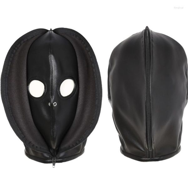 Articoli per feste Copricapo in pelle nera con fori aperti Occhi esposti Bocca che perde Cerniera Maschera a doppio strato Halloween Gioco di ruolo Sexy