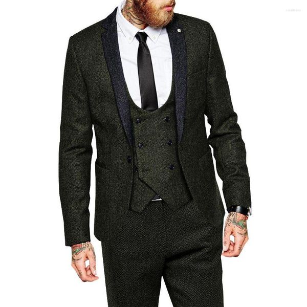 Abiti da uomo Completo Giacca in 3 pezzi Gilet Pantaloni Cappotto blazer a spina di pesce di alta qualità Business Casual Slim-Fit Smoking da sposo da sposa