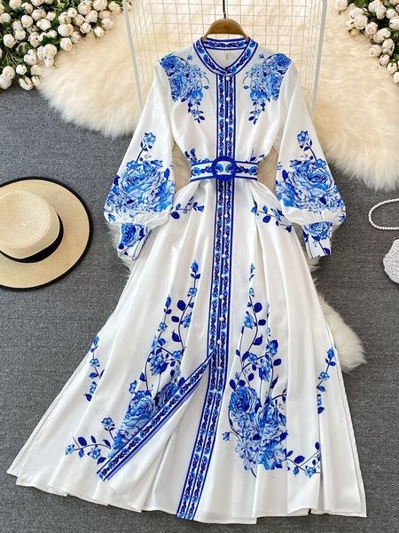 Vestidos casuais básicos moda azul e branco porcelana flor impressão dres roupas longa lanterna manga único breasted cinto vintage vestidos 230824