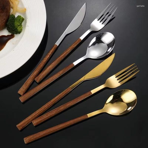 Set di stoviglie 4/5 pezzi in acciaio inossidabile 304 imitazione manico in legno Set di posate morsetto stoviglie occidentali coltello forchetta cucchiaino da tè regalo