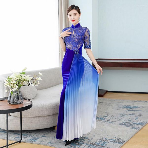 Ethnische Kleidung Chinesisches Kleid Frauen Bankett Cheongsam Lange Eleganti Abend Slim Qipao Vintage Traditionelle Bühnenkostüme Goldsamt