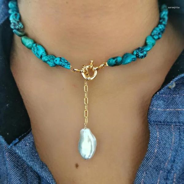 Подвесные ожерелья Bohemian Natural Baroque Pearl Blue Blue Burquoise Chain Fashion Charm Choker Boutique Jewelry для друзей