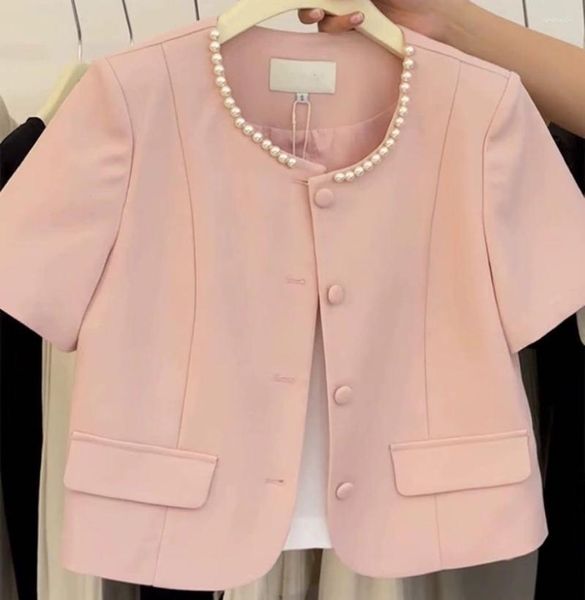 Damenjacken Sommer Perlen Rosa Anzug Dünne 2023 Mode Kurze Jacke Damen Alter Reduzierende Top Outwear Mantel Koreanische Japan