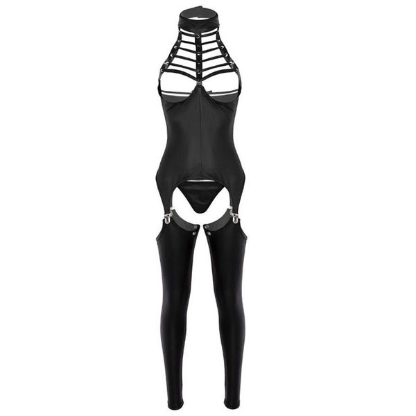 3 pçs feminino aberto virilha lingerie conjunto halter pescoço busto sutiã crotchless couro patente erótico sexy terno cosplay bodysuit outfit sutiãs s2448