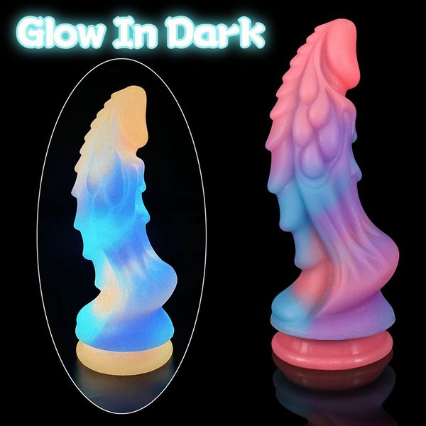 Falli/Dong Falli luminosi Colorati Incandescente Pene enorme Plug anale Butt Plug G-spot Giocattoli a forma di drago Mostro Fallo con ventosa Donna 230825