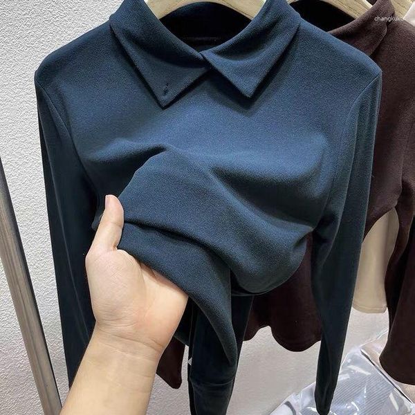 Mulheres Camisetas Polo Collar Escovado Dupla Face Alemã Fleece Undercoat Inverno 2023 Outono e Plus Pelúcia Espessada Tops