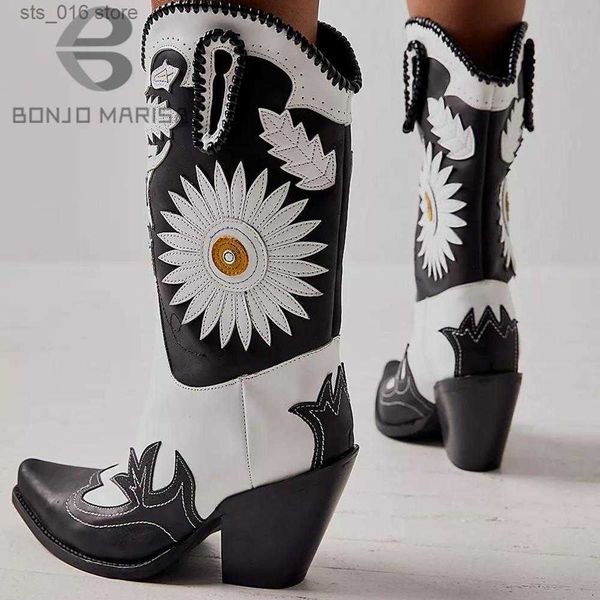 Botlar Kovboy Orta Buzağı Botları Kadın Çiçek Nakamı Yıpranma Binicilik Ayakkabıları Sonbahar Kış Tasarım Markası Lüks Cowgirls Western Boots T230824