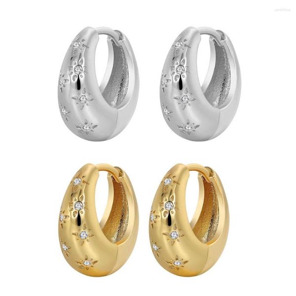 Brincos de argola robustos 14K banhados a ouro Shniy Zircon estrela suave redondo grosso geométrico brinco de argolas de metal para mulheres e meninas