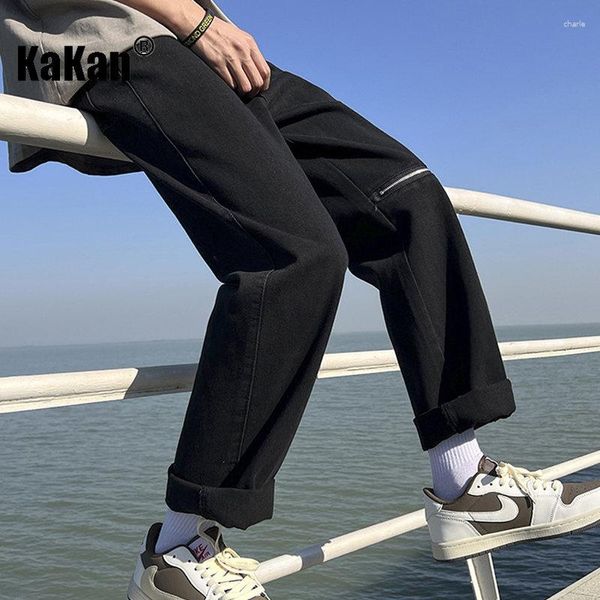 Jeans masculinos Kakan - Europeu e americano com zíper no joelho solto ajuste reto versátil perna larga longa K24-KJ516