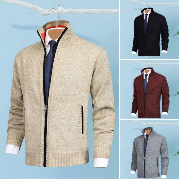 Camisolas masculinas homens casaco de malha elegante cardigan com gola lateral bolsos zíper placket para outono inverno moda básica