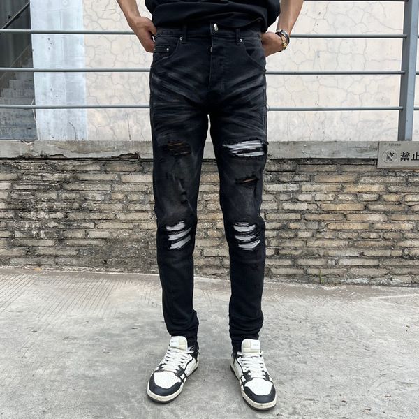 Jeans da uomo Street Fashion Uomo Retro Nero Grigio Stretch Skinny Fit Strappato Pantaloni di marca Hip Hop firmati in pelle bianca 230825
