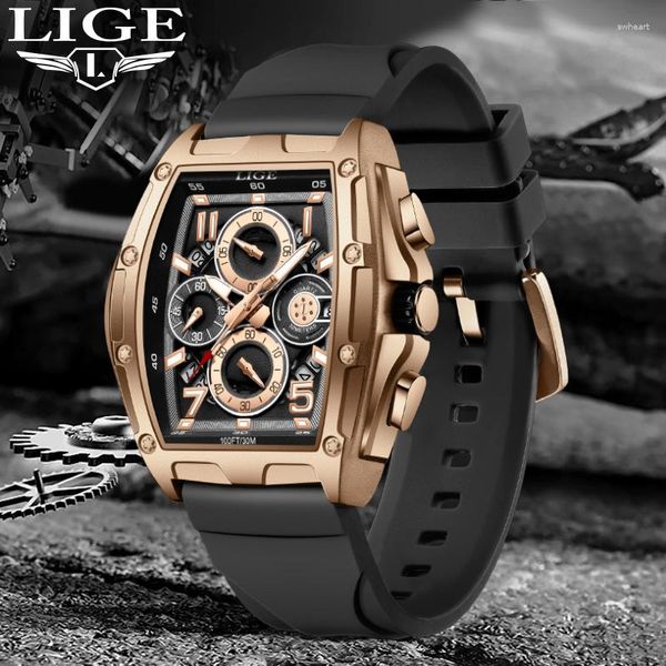 Нарученные часы Lige Top Quartz Watch Fashion Business Square Big Dial для мужчин повседневный спортивный силиконовый водонепроницаемый Reloj Hombre